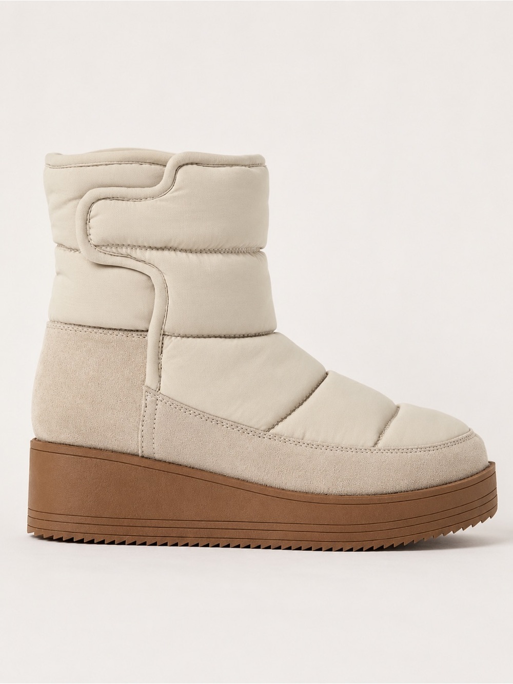 QUILTED PLATFORM NEUTRAL CREAM PUFFER SNOW BOOTS SHERPA LINED SIZE 8 NWOT